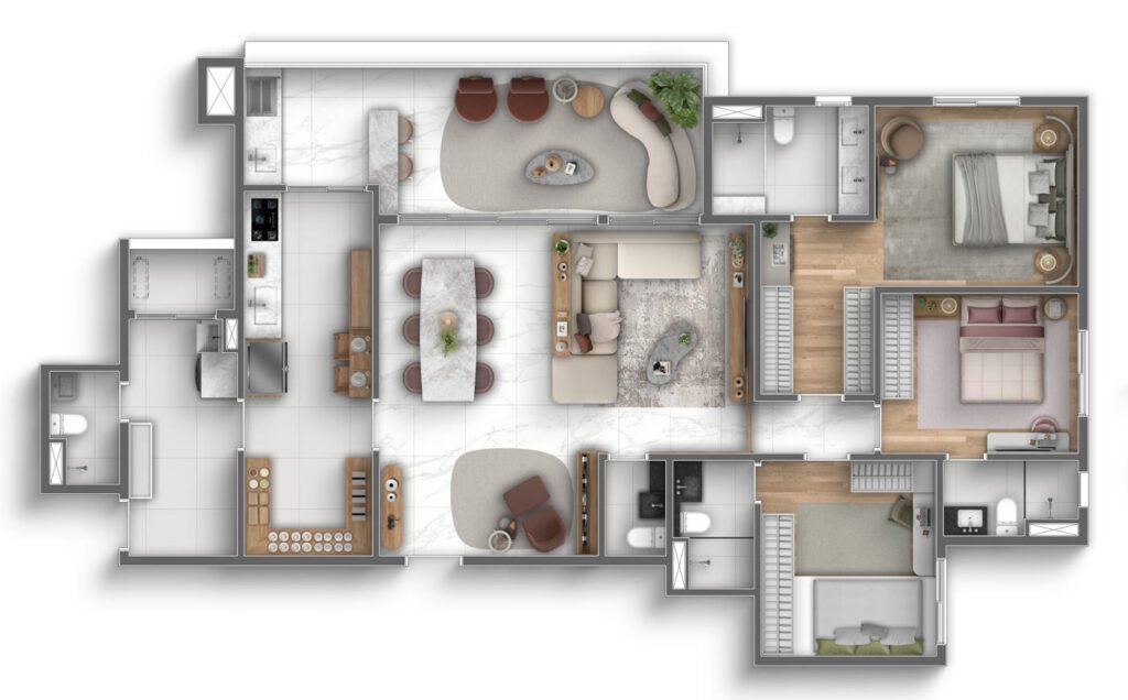 Planta de 152m² com 3 suítes e sala ampliada