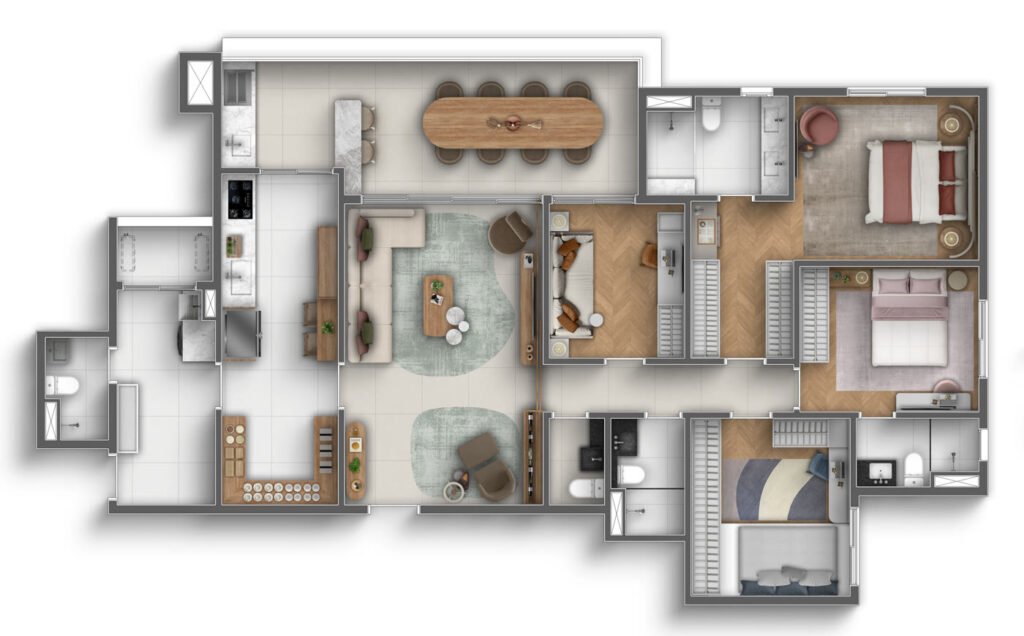 Planta de 152m² com 4 dormitórios (2 suítes)