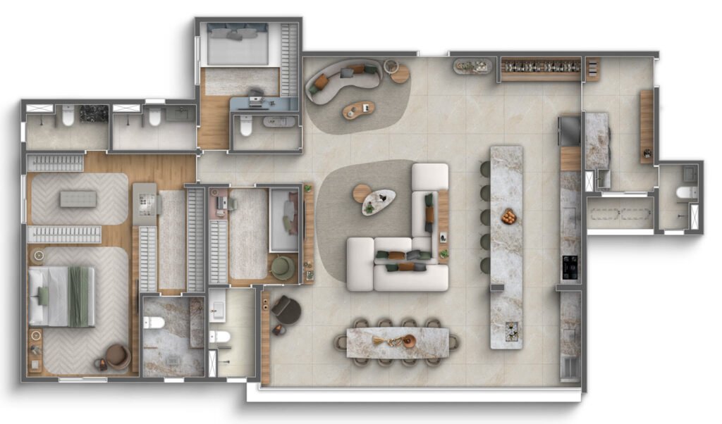 Planta decorada de 202m² com 3 suítes e sala ampliada