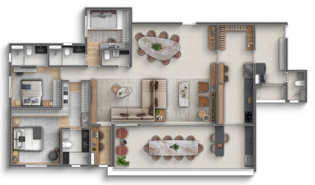 Planta 202m² 3 suítes com sala ampliada