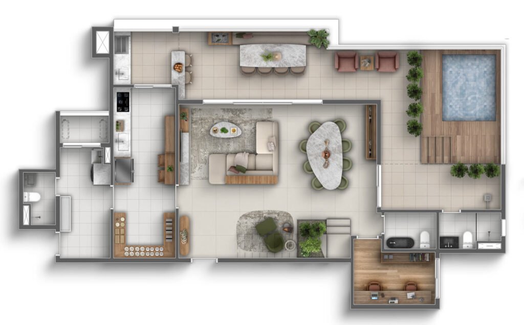 Planta cobertura duplex 261m² pavimento inferior