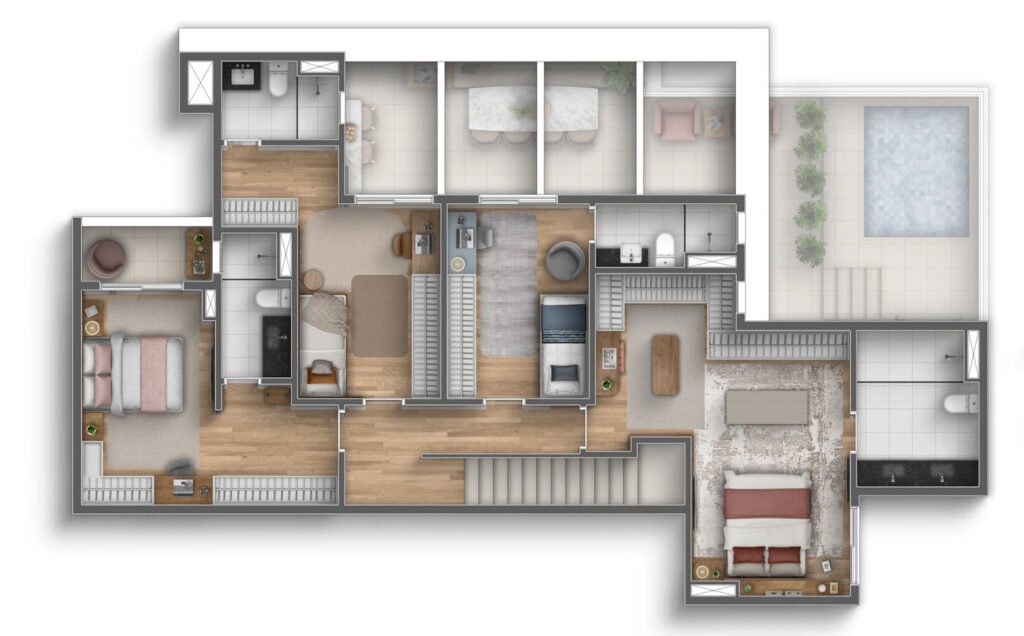 Planta cobertura duplex 261m² pavimento superior